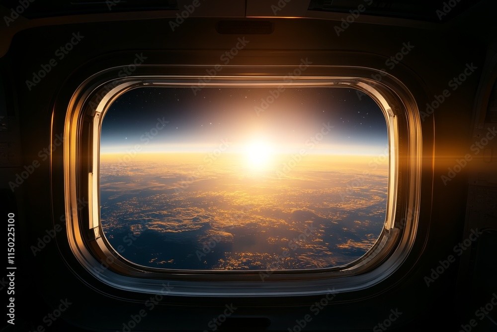 Stunning sunrise view from spacecraft window highlighting Earth’s curvature and atmosphere Stunning sunrise view from spacecraft window highlighting Earth’s curvature and atmosphere