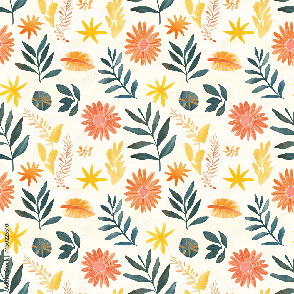 Obraz premium Summer seamless pattern watercolor design featuring colorful florals and leaves on light background