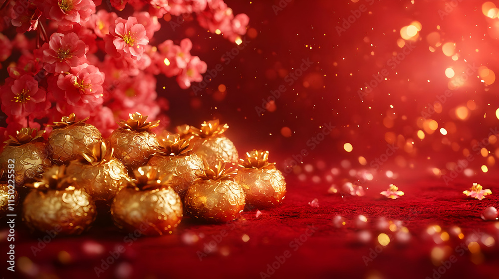 Red Background with Golden Ingots for Wealth Prosperity Chinese New Year Stock Photo Red Background with Golden Ingots for Wealth Prosperity Chinese New Year Stock Photo