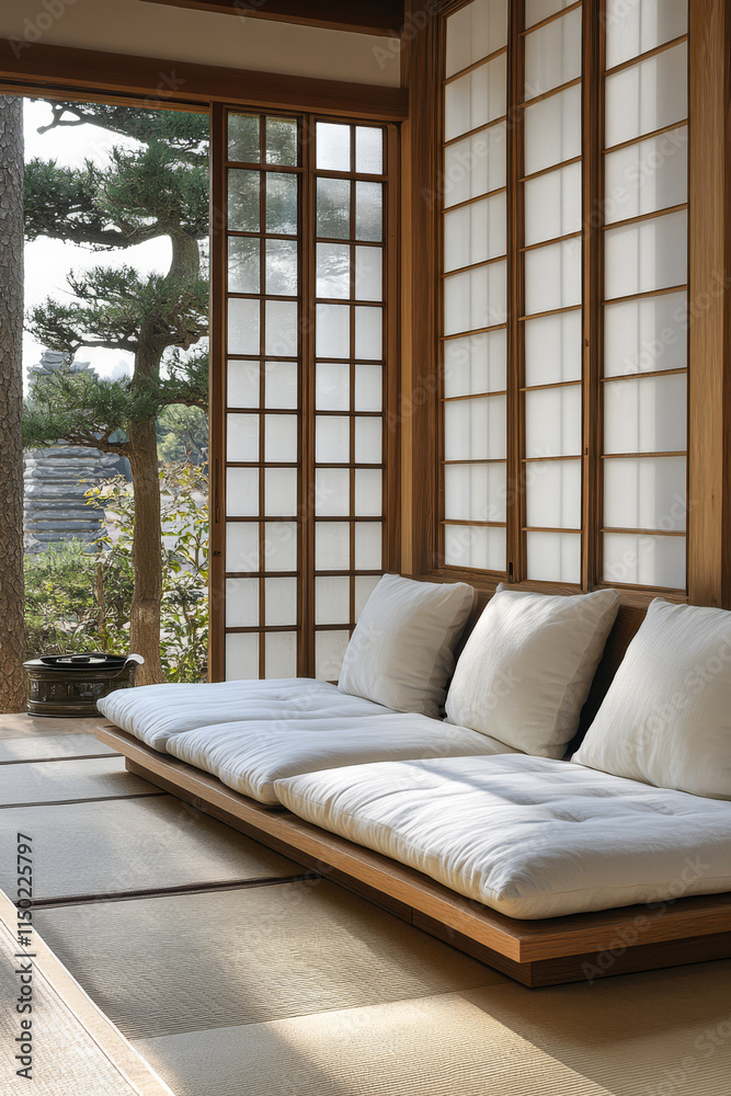 Fototapeta premium Relaxing in a serene Japanese-style room with natural light and minimalist design