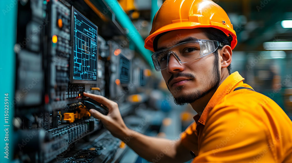 Engineer Troubleshooting AI System on Factory Floor with Copy Space for Ad Copy Engineer Troubleshooting AI System on Factory Floor with Copy Space for Ad Copy