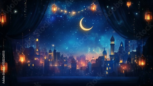 Eid mubarak greeting in front of night arab city. Curtains and lanterns, crescent and stars for ramadan kareem background photo