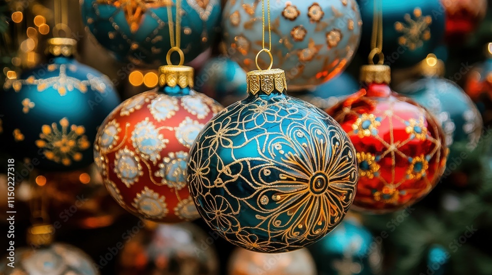 Ornate Christmas Ornaments Hanging on Tree Ornate Christmas Ornaments Hanging on Tree