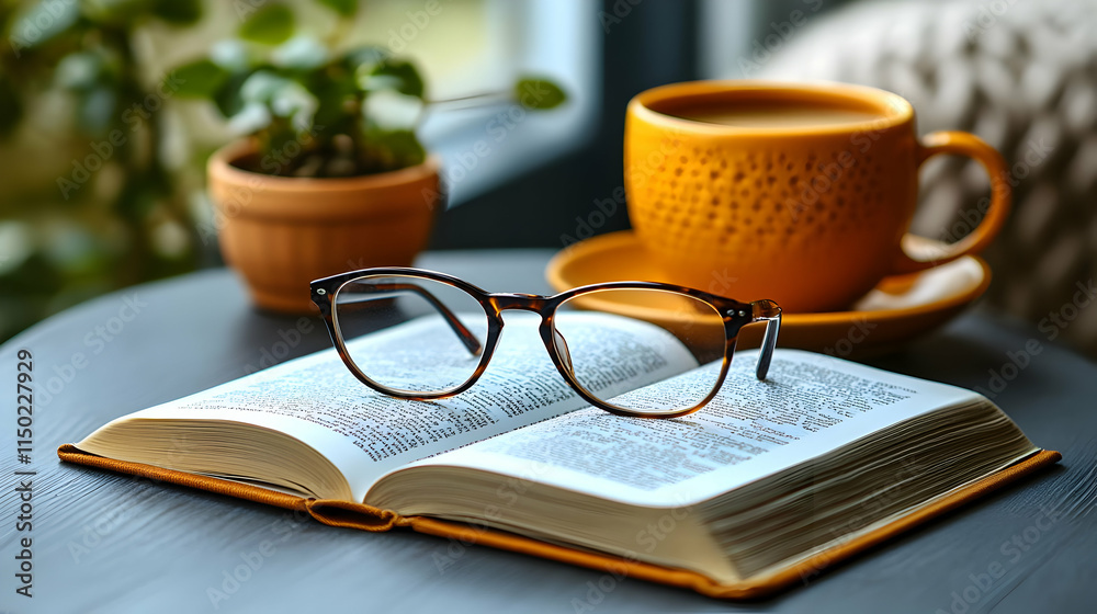 Fototapeta premium Serene Open Book and Glasses on Plain Background with Copy Space for Knowledge and Remote Work