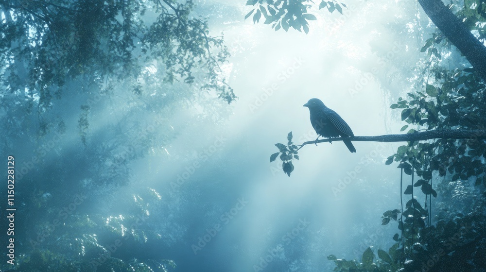 Fototapeta premium Mysterious scene of a bird resting on a branch in a misty forest, surrounded by ethereal light and a tranquil atmosphere.