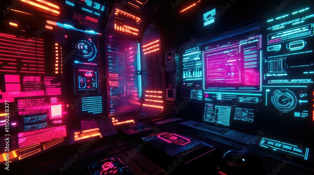 Neon-lit virtual interface with encryption keys and cyber security elements in a synthwave-inspired tech world. Neon-lit virtual interface with encryption keys and cyber security elements in a synthwave-inspired tech world.