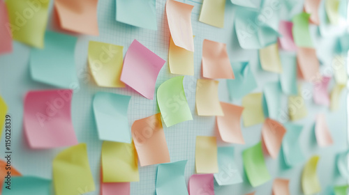 Colorful Sticky Notes on Wall: A vibrant collection of pastel-colored sticky notes adorns a wall, creating a visually engaging image perfect for representing brainstorming, planning.