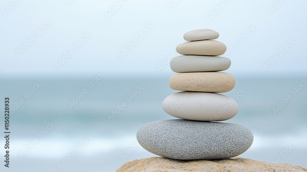 Serene Seascape Stack: Smooth, calming stones balanced precariously near the ocean, creating a tranquil and peaceful scene. Perfect for meditation, mindfulness, and well-being themes. Serene Seascape Stack: Smooth, calming stones balanced precariously near the ocean, creating a tranquil and peaceful scene. Perfect for meditation, mindfulness, and well-being themes.