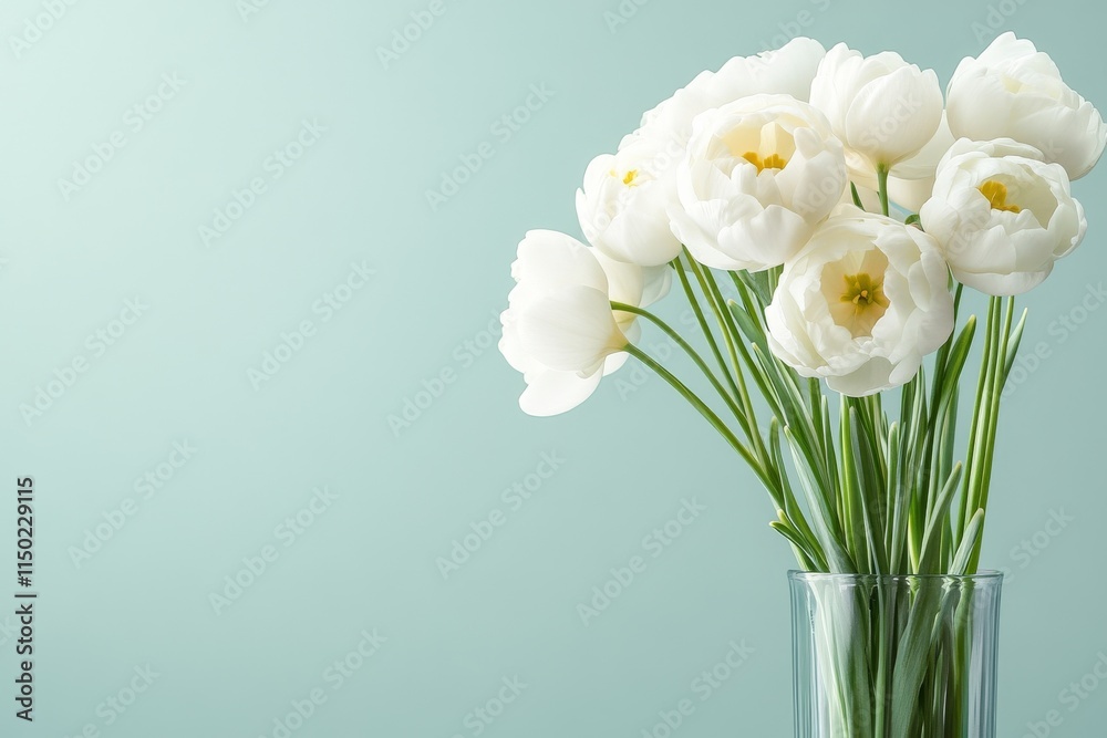 Beautiful white tulips in a clear glass vase against a soft blue background creating a calming atmosphere Beautiful white tulips in a clear glass vase against a soft blue background creating a calming atmosphere