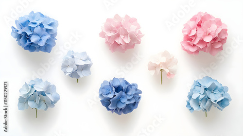 A minimalist flat lay of hydrangea blooms in varying shades of blue and pink on a clean white surface for a refreshing look