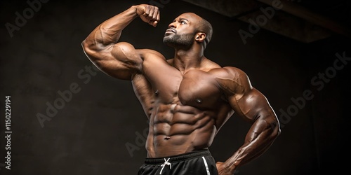 Portrait of a muscular bodybuilder: A young, athletic man presents his impressively defined muscles in a classic bodybuilding pose