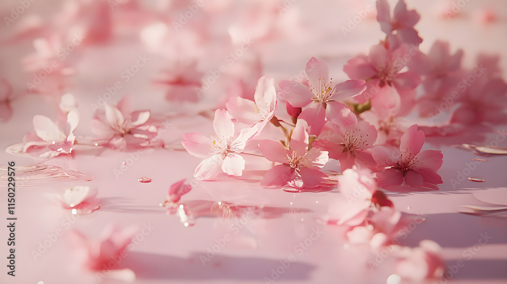 Obraz premium A picturesque cluster of cherry blossoms scattered on a pale pink surface creating a dreamy springtime aesthetic