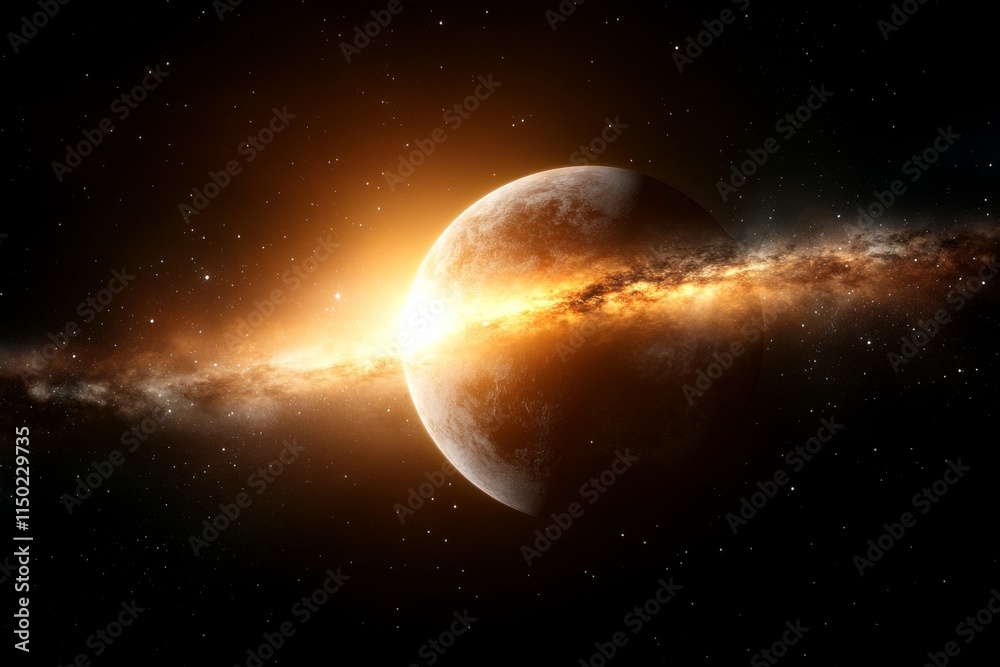 Naklejka premium Cosmic explosion illuminates a distant planet amidst swirling galaxies and stars in deep space