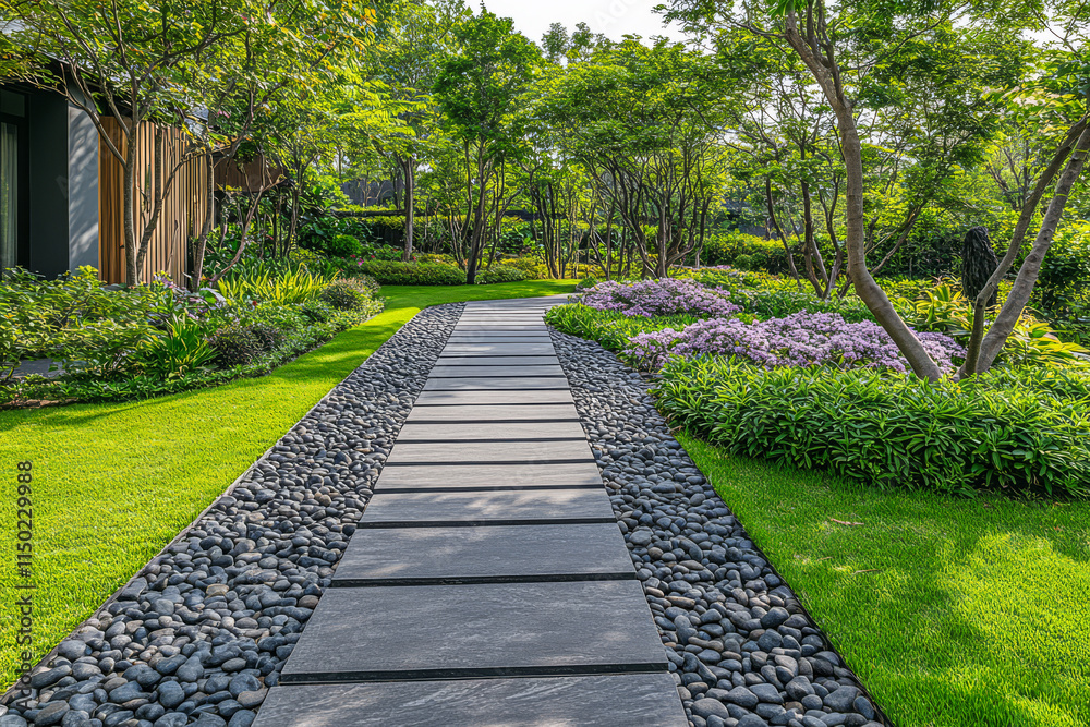 Serene garden pathway surrounded by lush greenery and colorful flowers in daylight Serene garden pathway surrounded by lush greenery and colorful flowers in daylight