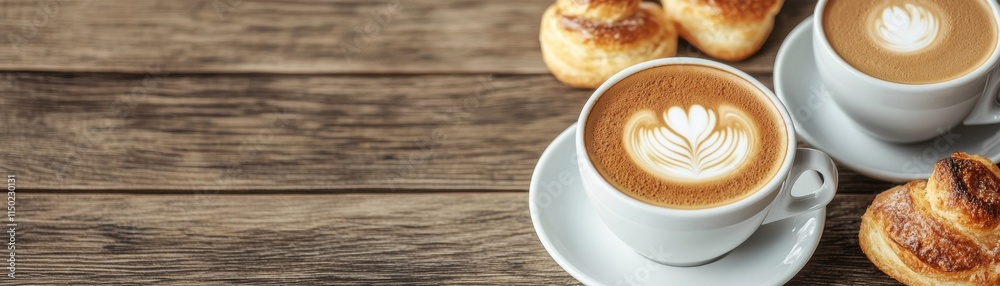 Two cups of latte art coffee on a rustic wooden table. Two cups of latte art coffee on a rustic wooden table.