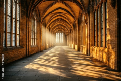 Sunlit Gothic Cathedral Corridor