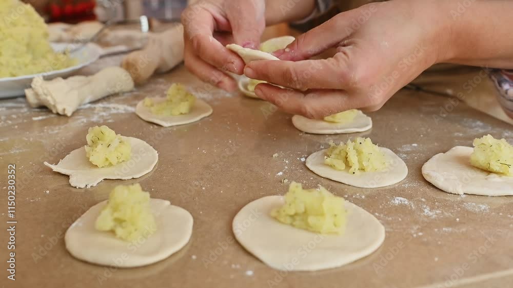 Hands making dumplings with potato filling on dough placed on a wooden surface Hands making dumplings with potato filling on dough placed on a wooden surface