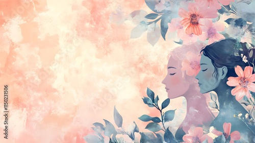 Celebration of women's achievements banner with artistic female profiles surrounded by blooming flowers on a pastel background