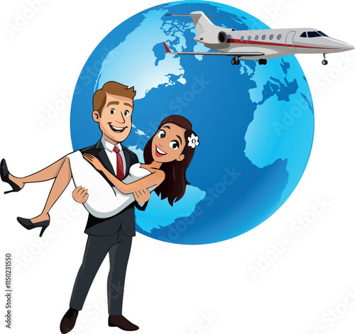 Groom carrying bride in his arms with a private jet and earth globe, honeymoon trip