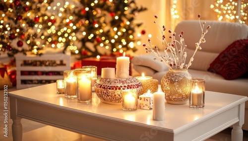 A white coffee table adorned with candles and a decorative vase, set against an elegantly