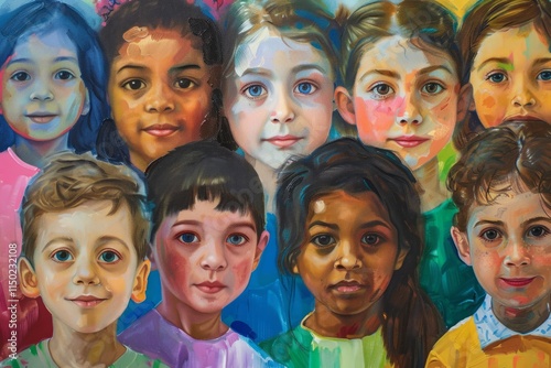 A painting of a group of people with different colored faces