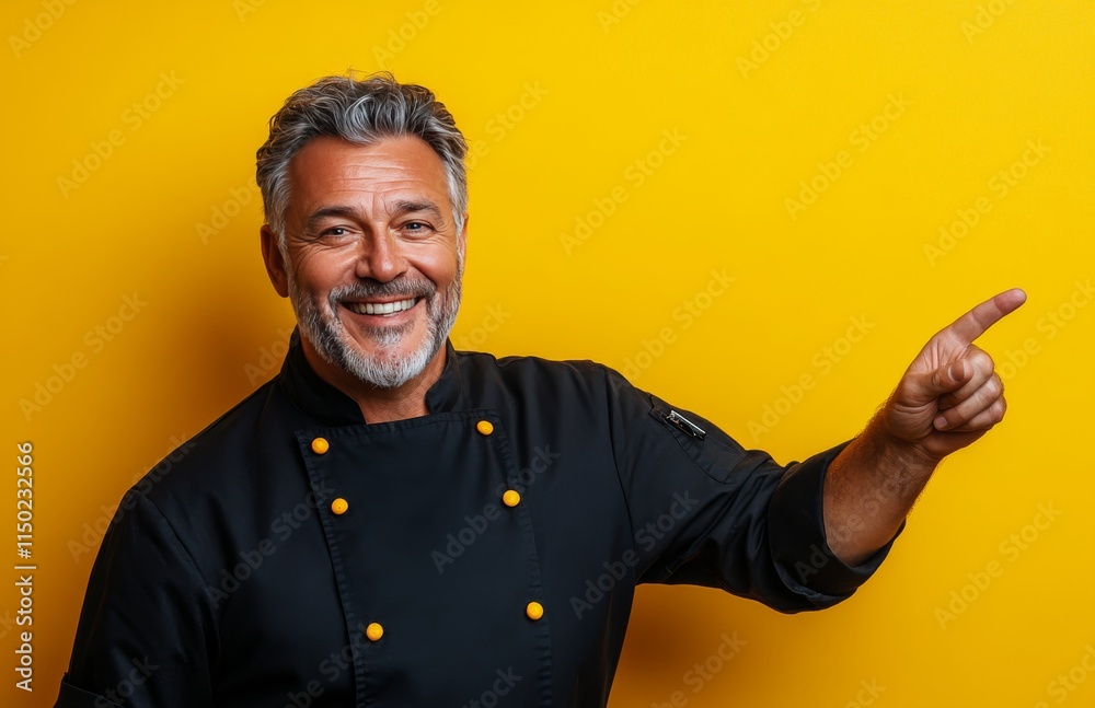 Chef smiles and points in front of bright yellow backdrop in a professional kitchen setting Chef smiles and points in front of bright yellow backdrop in a professional kitchen setting