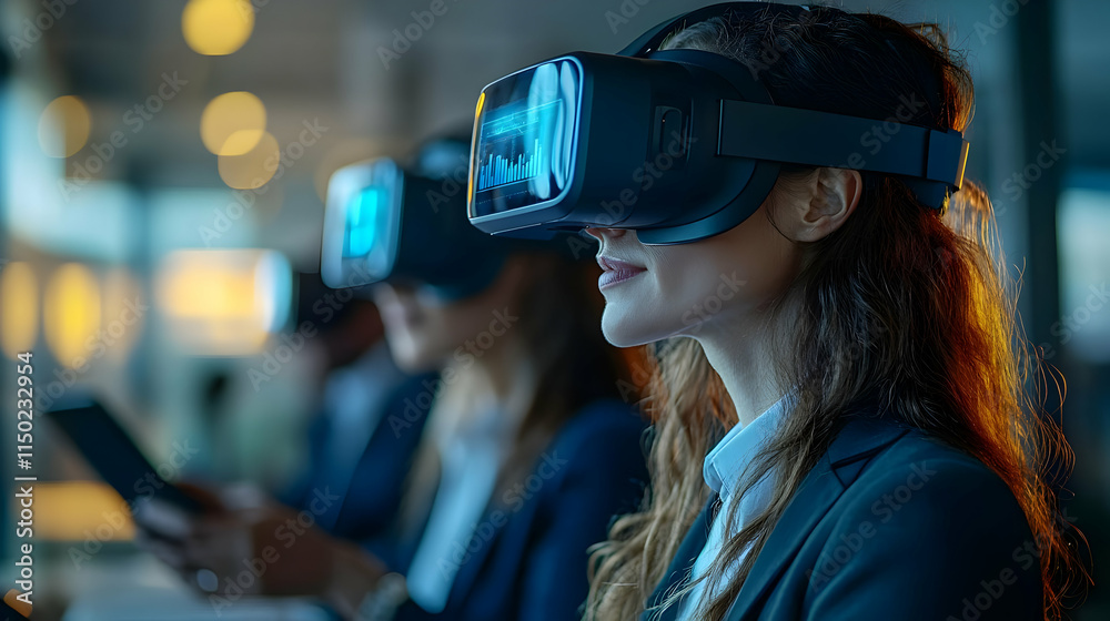 Business Professionals Using VR Headsets for Innovative Presentations in Modern Office Environment Business Professionals Using VR Headsets for Innovative Presentations in Modern Office Environment