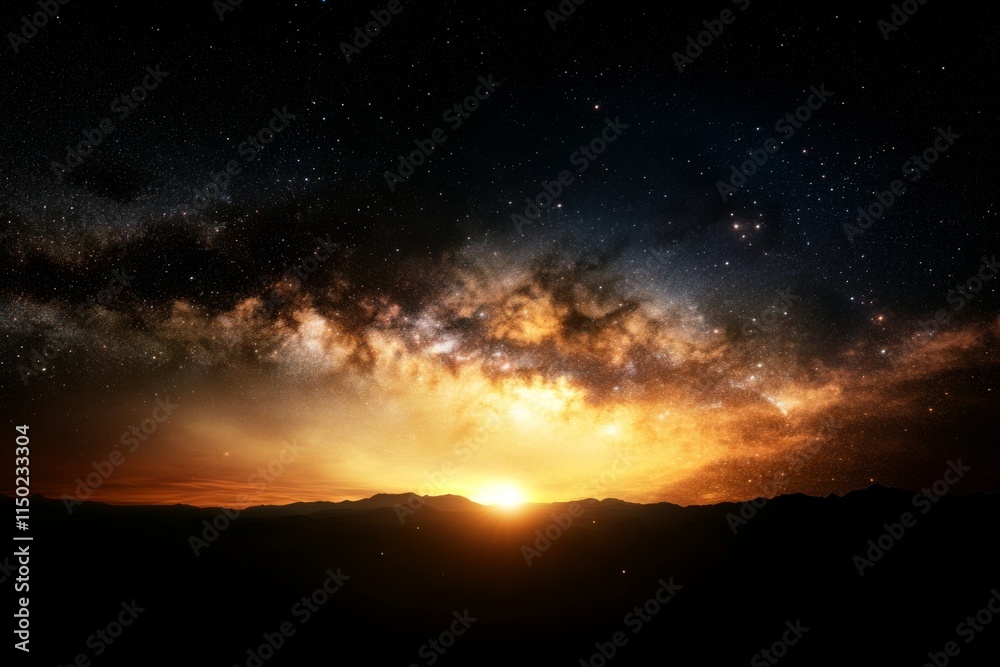 Stunning view of the Milky Way glowing over distant mountains at dawn, captivating the beauty of the universe Stunning view of the Milky Way glowing over distant mountains at dawn, captivating the beauty of the universe