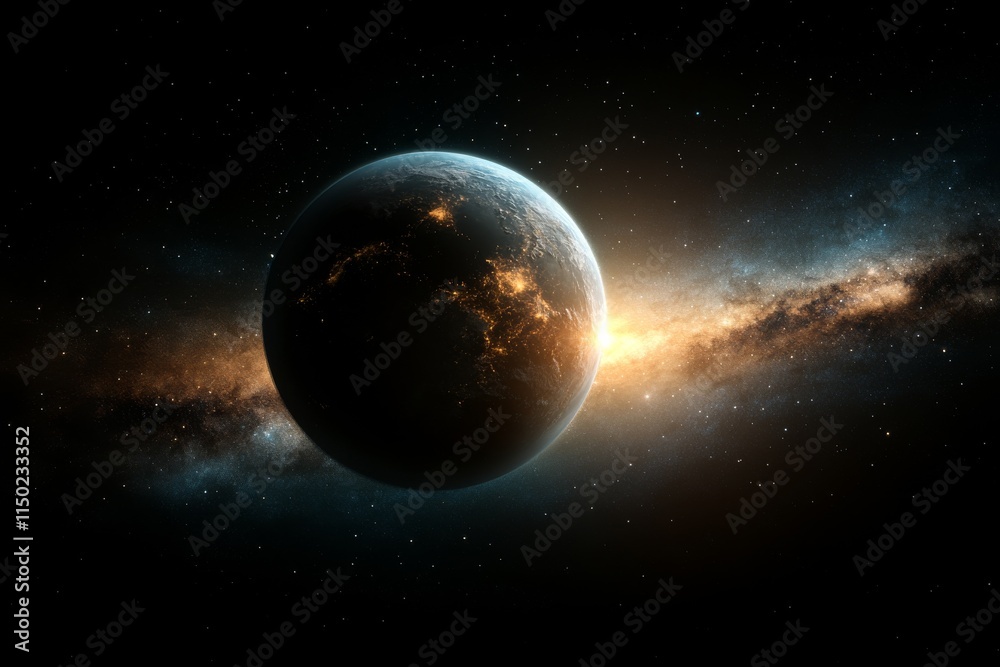 Cosmic view of a planet illuminated by a distant star amidst a swirling galaxy at the edge of the universe Cosmic view of a planet illuminated by a distant star amidst a swirling galaxy at the edge of the universe