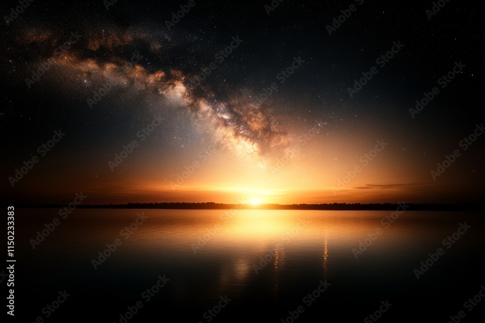 Majestic milky way over calm water at sunset illuminating the night sky in a serene landscape