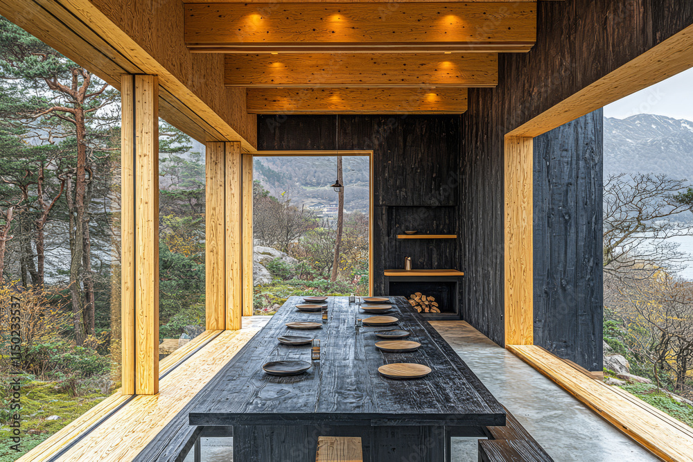 Fototapeta premium Modern dining space with panoramic views in a serene natural setting in autumn