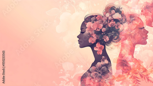 International women's day poster design featuring diverse female silhouettes with floral accents on a soft pink backdrop