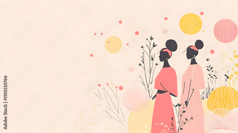 Modern women's celebration banner featuring simple graphic outlines of women with subtle decorative elements on light pink Modern women's celebration banner featuring simple graphic outlines of women with subtle decorative elements on light pink