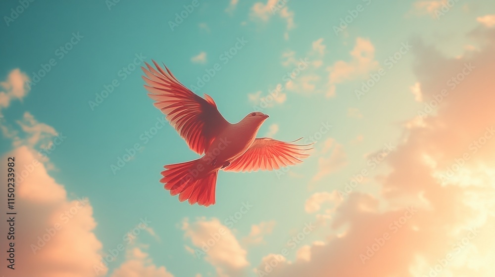 Obraz premium Red bird soaring in a vibrant sunset sky.