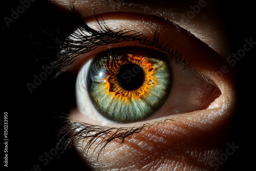 Close-up view of an eye showcasing vibrant colors and intricate patterns under contrasting lighting