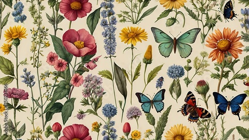 Seamless pattern of vintage botanical illustrations featuring wildflowers, butterflies, and soft watercolor backgrounds