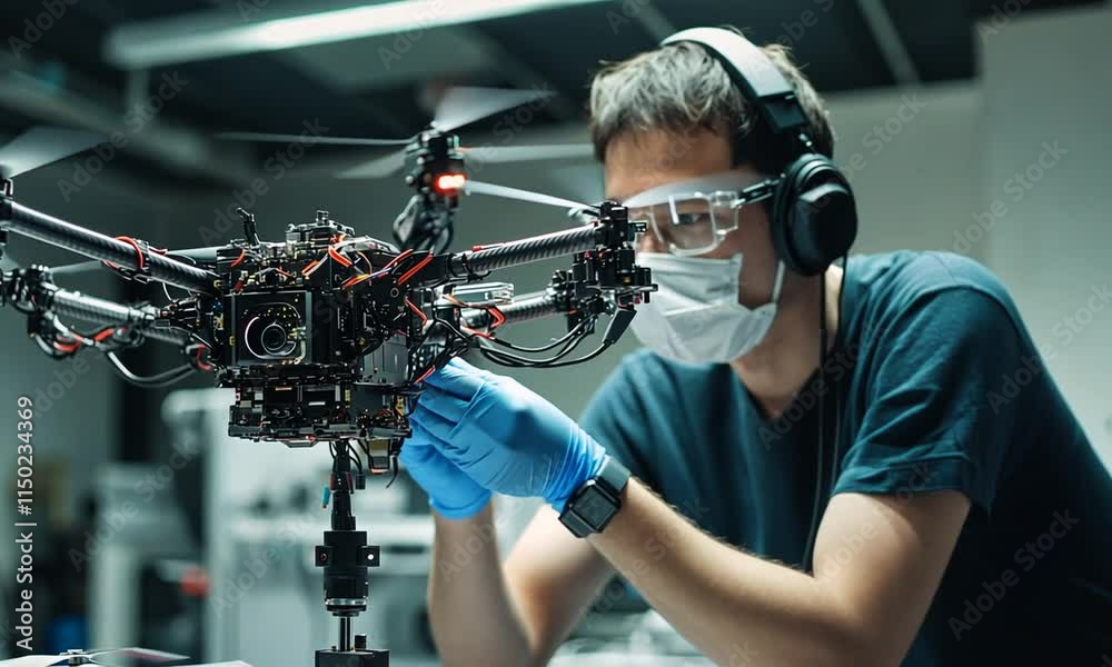 Technician meticulously inspecting a complex drone with advanced camera technology.
