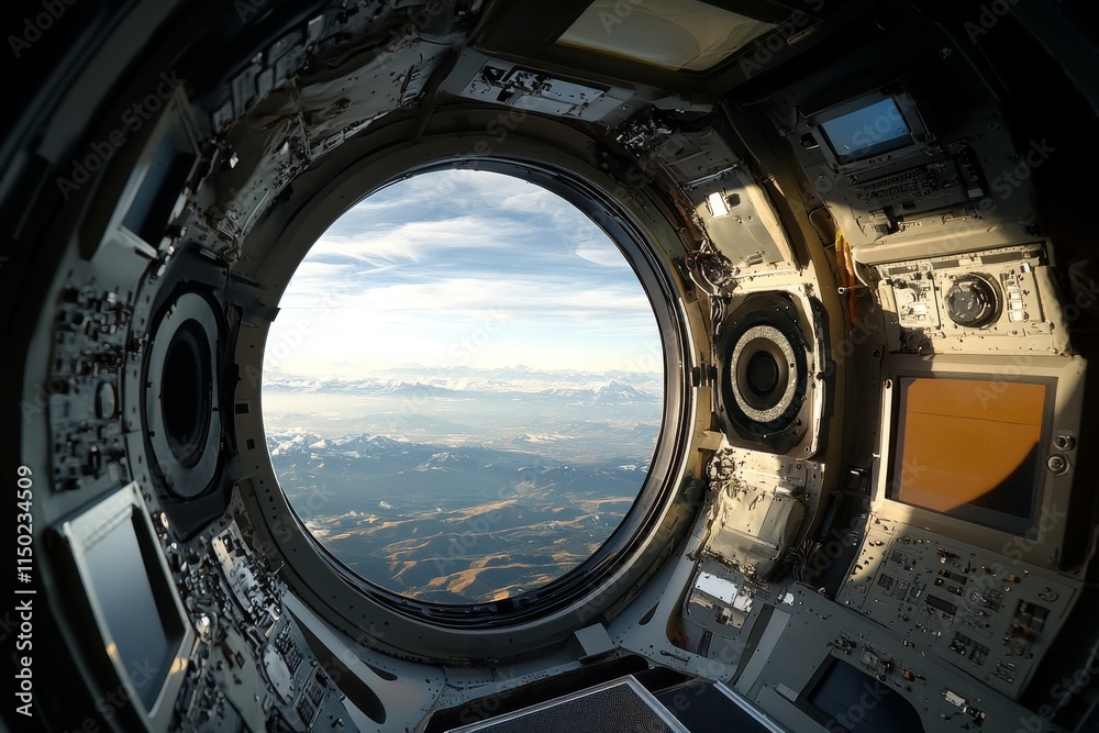 View from the International Space Station showing Earth below and mountains in the distance during daylight View from the International Space Station showing Earth below and mountains in the distance during daylight