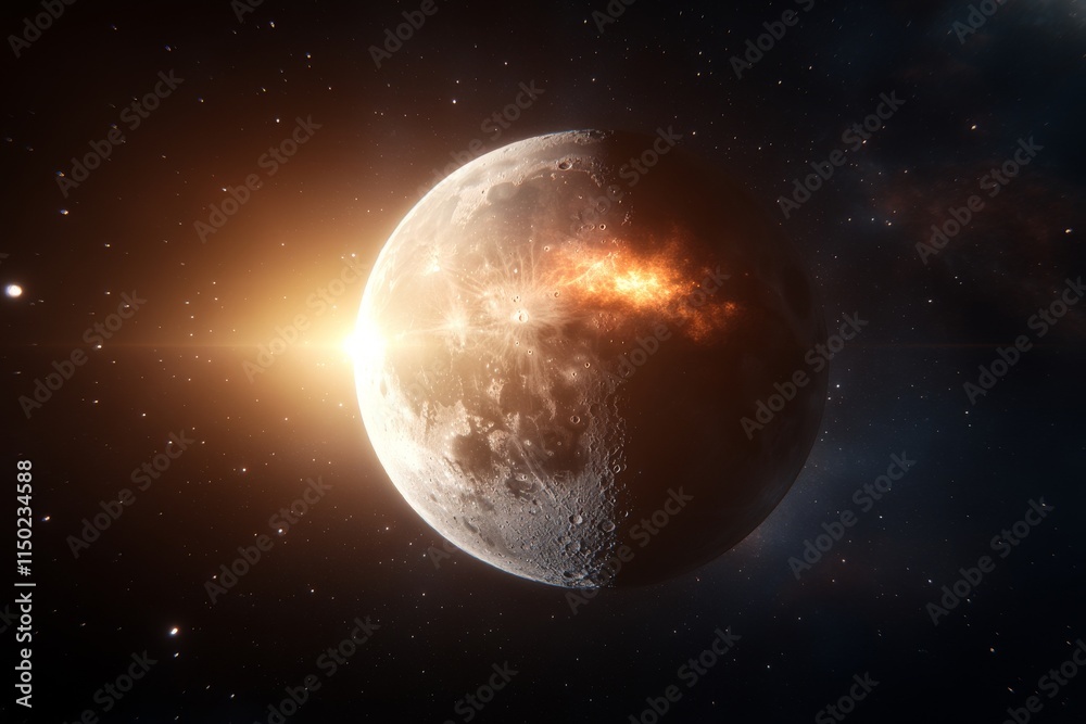 Celestial event with a bright sunrise illuminating the moon against a starry sky Celestial event with a bright sunrise illuminating the moon against a starry sky