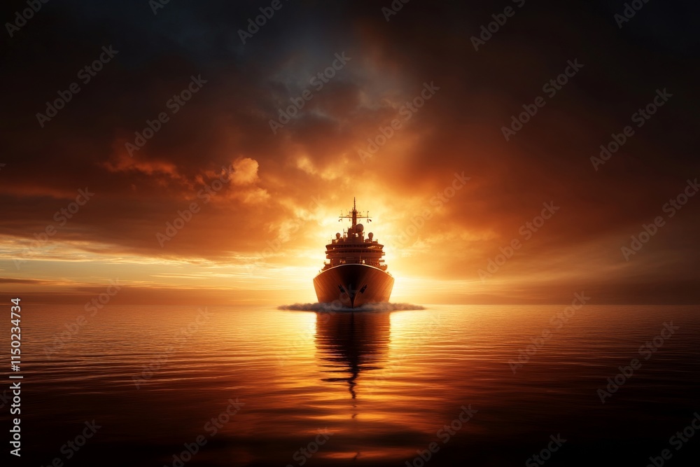Vessel sailing into a vibrant sunset over calm waters with dramatic clouds in the background Vessel sailing into a vibrant sunset over calm waters with dramatic clouds in the background