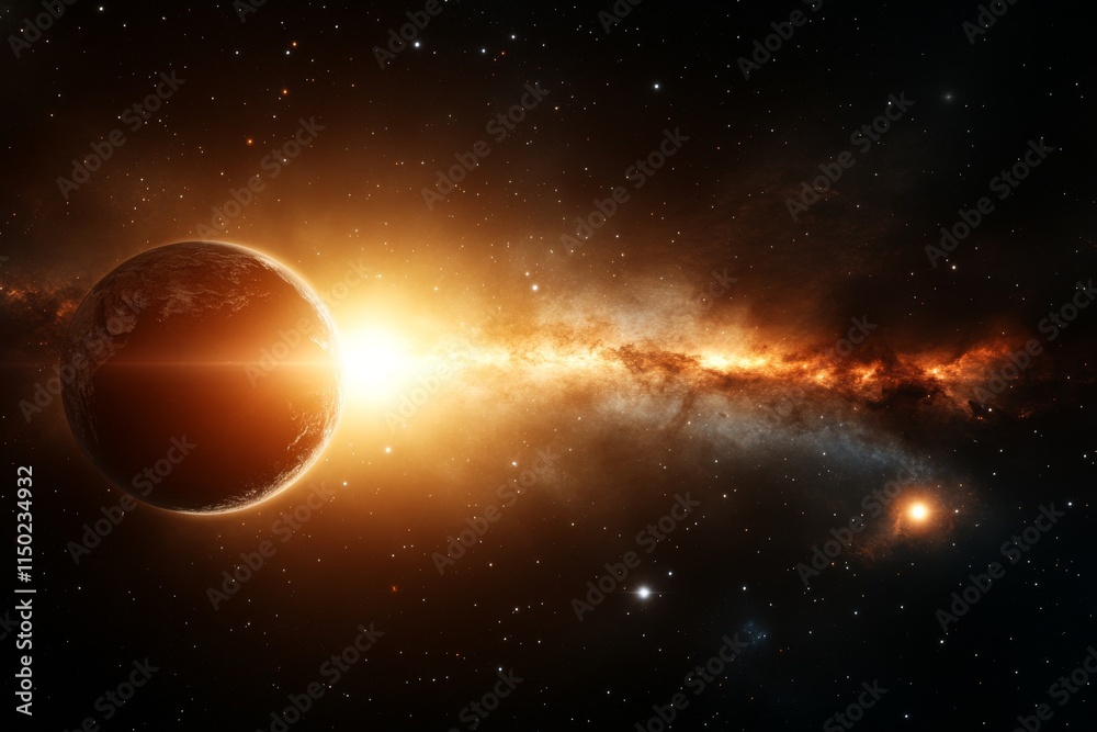 Obraz premium A stunning cosmic view of a planet with a radiant starburst in the background of deep space