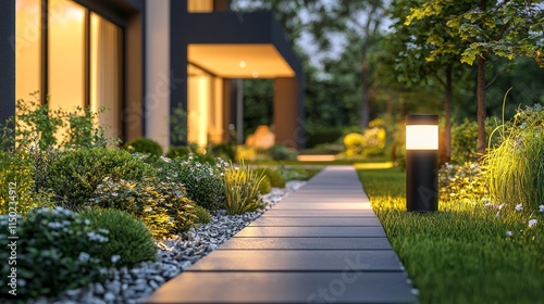 Evening Pathway with Garden and Warm Lighting