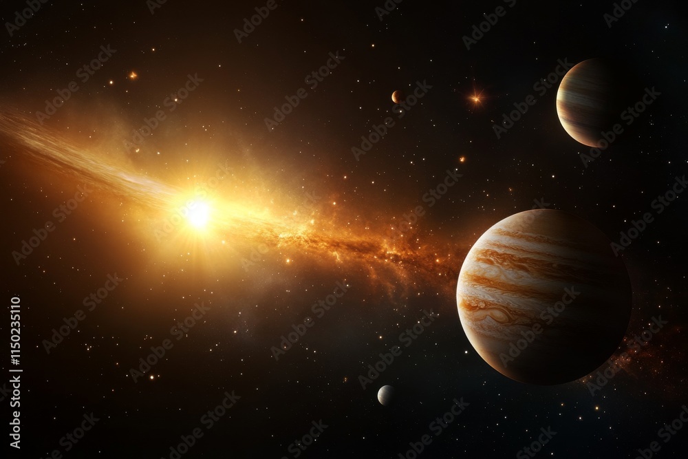 Stunning view of celestial bodies with vibrant star formation and multiple planets orbiting in deep space Stunning view of celestial bodies with vibrant star formation and multiple planets orbiting in deep space