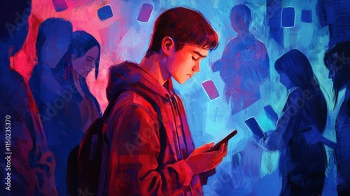 Teen reflecting on hurtful message digital space illustration urban environment emotional perspective cyberbullying concept