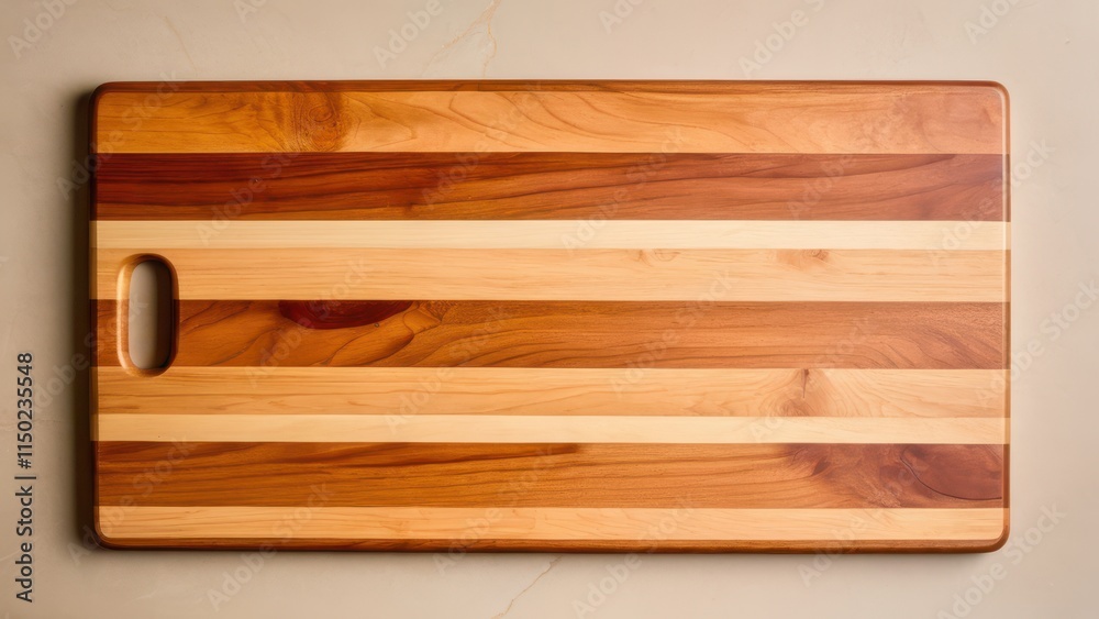 Elegant wooden cutting board mockup with alternating light and dark stripes and handle