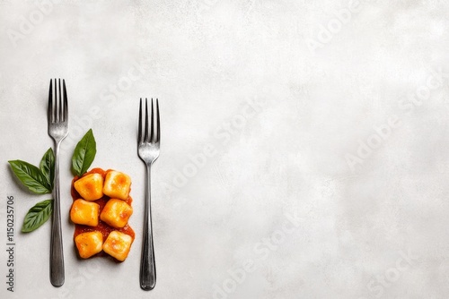 A vintage-style illustration of gnocchi served with marinara sauce, styled like a 1950s Italian cookbook page photo