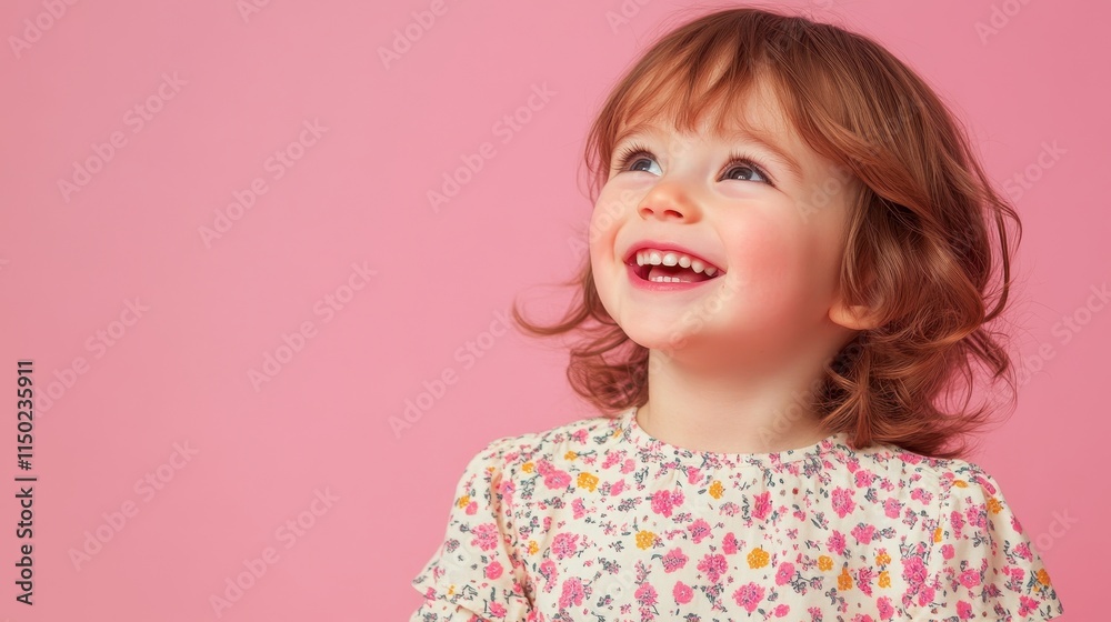 A cheerful child girl in a floral dress, laughing with joy, positioned to the right of a pastel pink background banner with space for text or design elements. A cheerful child girl in a floral dress, laughing with joy, positioned to the right of a pastel pink background banner with space for text or design elements.
