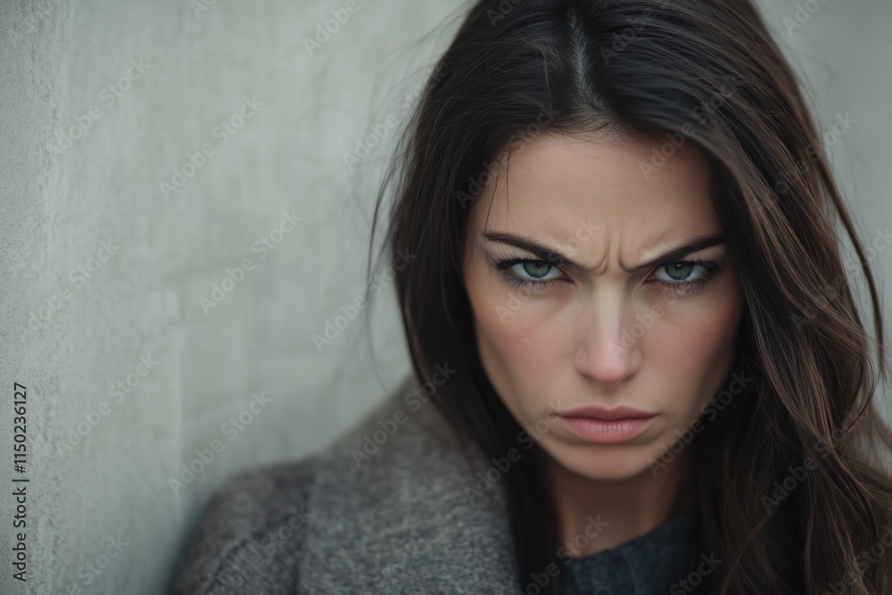 A close-up portrait of a woman with long dark hair, showing a serious expression. Her furrowed brow and piercing blue eyes convey intensity. A close-up portrait of a woman with long dark hair, showing a serious expression. Her furrowed brow and piercing blue eyes convey intensity.