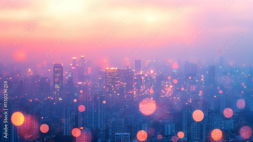 Fototapeta premium Abstract cityscape with data streams flowing through buildings concept as A soft abstract cityscape shows data streams flowing through buildings symbolizing information flow in smart cities. The bokeh
