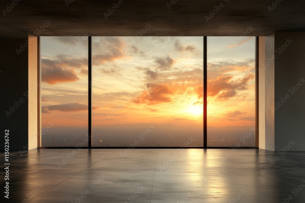 Beautiful sunset view from a large window in a modern empty room overlooking the city skyline Beautiful sunset view from a large window in a modern empty room overlooking the city skyline